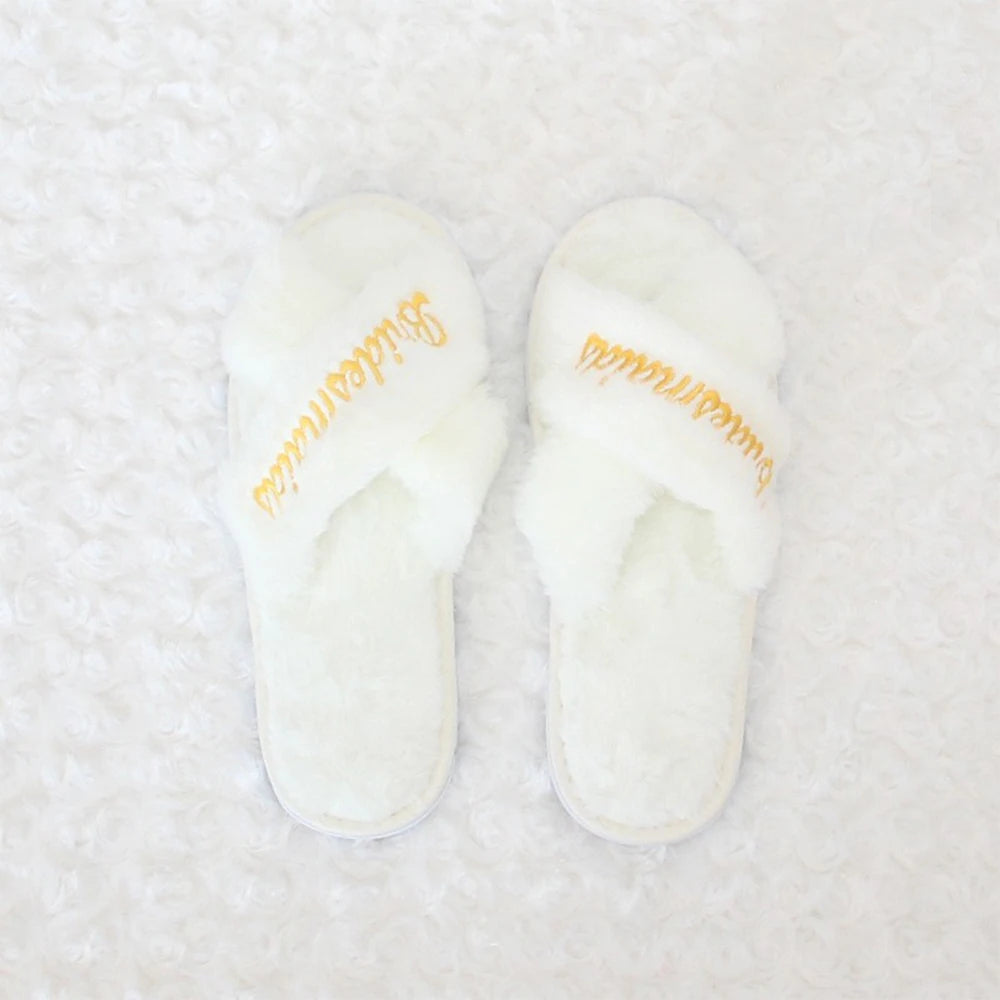 Wedding Bride Slippers Bridesmaid Slippers Embroidered Plush Open Toe Slippers Gifts for Bridal Shower Bachelorette Party Zpaxo
