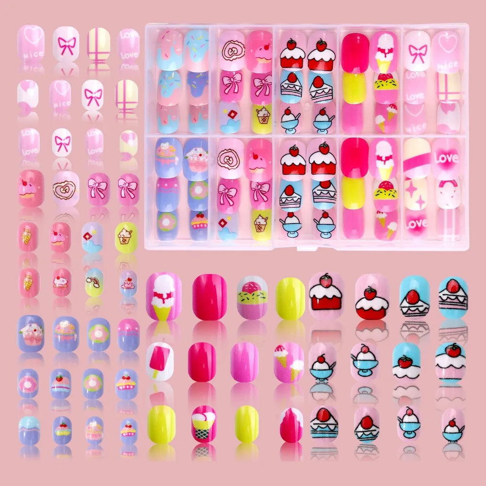 Kawaii Children False Nails Flower Heart Candy Kids Fake Ice Cream Zpaxo Style 05