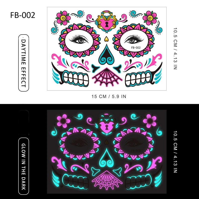 Halloween Halloween Face Tattoo Sticker Temporary Skin Tattoo for Party Festival Makeup Tattoo Glow in The Dark Body Sticker Zpaxo fb-02