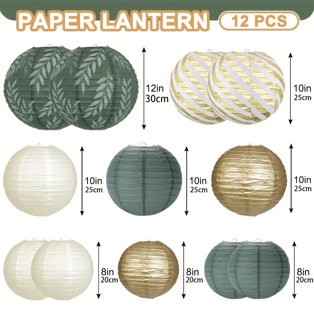 12-Piece Sage Green Hanging Paper Lanterns Wedding Decoration Rustic