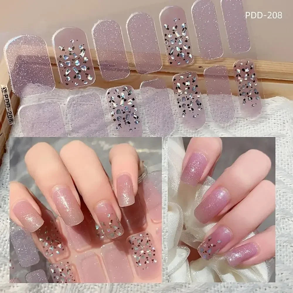 14Strips Gel Nail Stickers Full Cover Floristic Art Semi Cured Polish