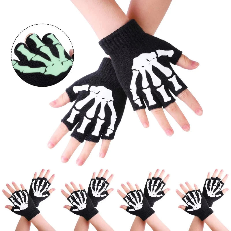 Halloween Skull Fingerless Gloves – Punk Half-Finger Kids & Adult