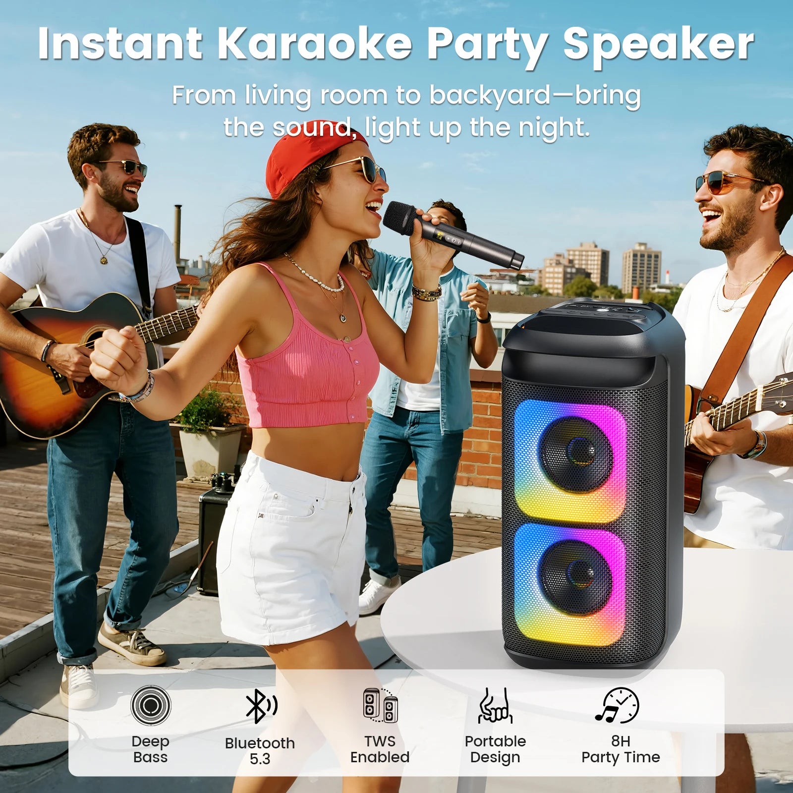 T37 Karaoke Machine 2 Wireless Microphones LED Lights 3D Sound Echo