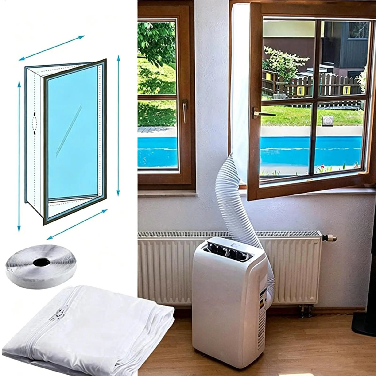 Double Hose Portable AC Window Vent Zipper Door Sealing Plate Dryer