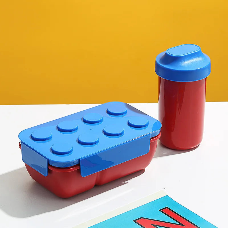 Creative Building Blocks Sealed Lunch Box Kids Student Bento Portable Zpaxo Blue 1050ML and Cup