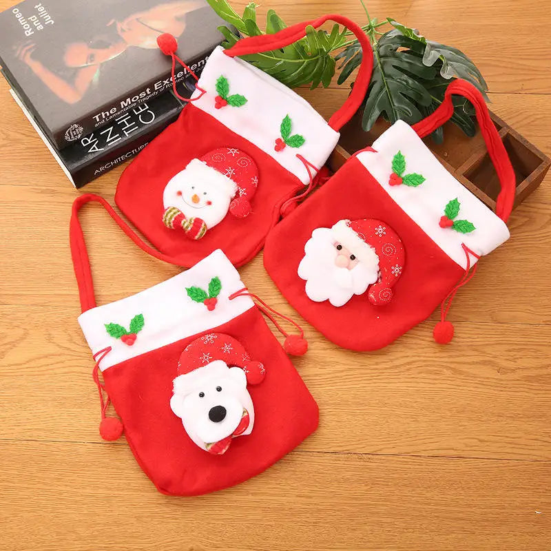 Reusable Christmas Bags Drawstring Santa Reindeer Snowman Design