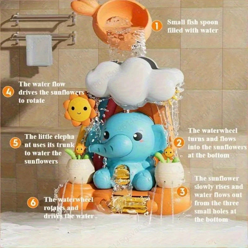 Baby children's water toys, suction cups, turning around, baby elephant water wheel, bathroom shower, male and female baby bath Zpaxo
