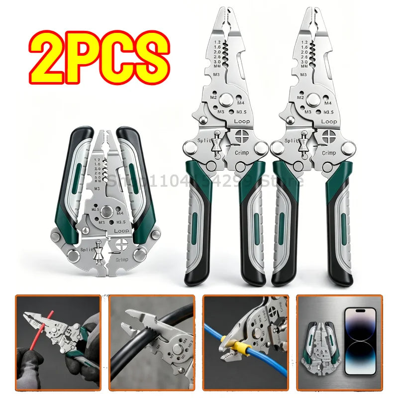 Foldable Wire Stripper Electrician Wire Splitter Wire Pliers Crimping Plier Tool with Stripping, Crimping and Twisting Functions Zpaxo 2PCS