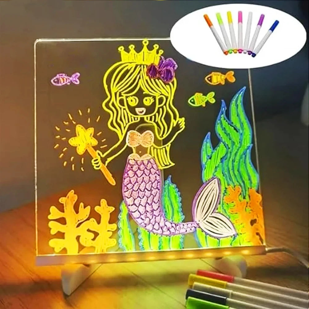 LED Note Board With Night Light Colorful 7 Pens DIY Acrylic Message Board Children‘s Drawing Board For Kids Birthday Gift Zpaxo