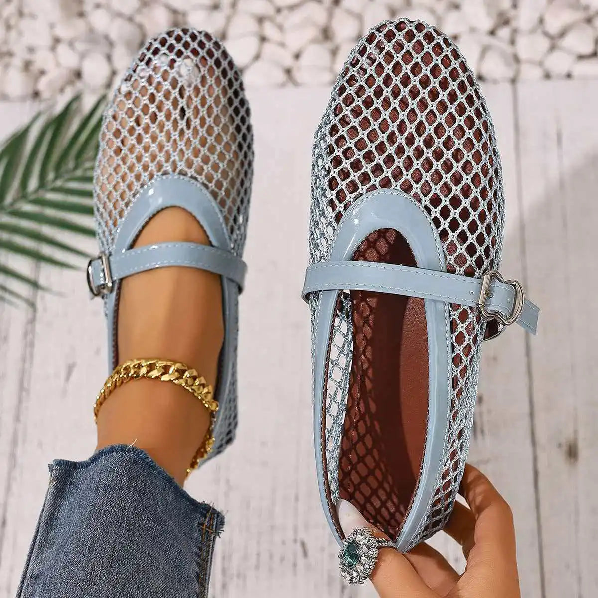 Women Sandals Mesh Breathable Flat Bottom Shoes Women Summer Large Size Hollow Out Shoes Women Comfortable Buckle Strap Sandals Zpaxo SKY BLUE 40