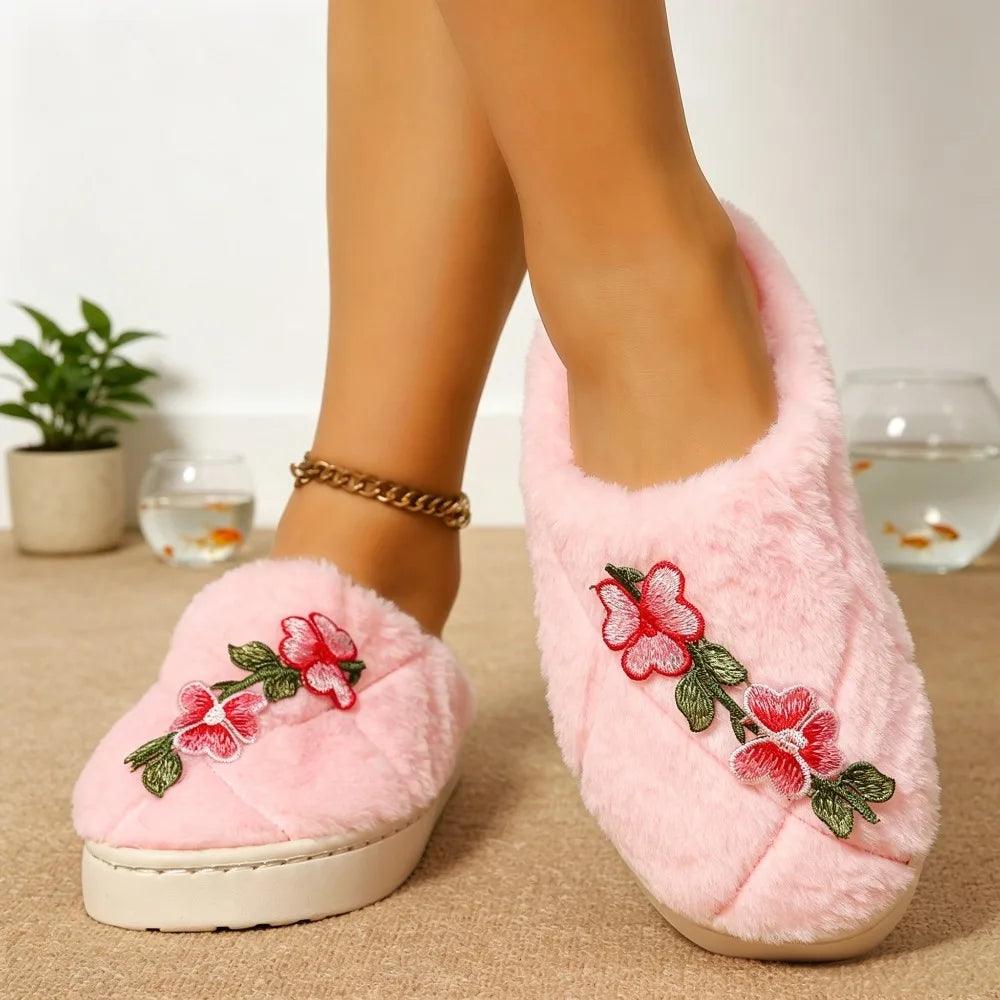 Cotton Slippers Women Flowers Slides Female Thick Bottom Soft Winter