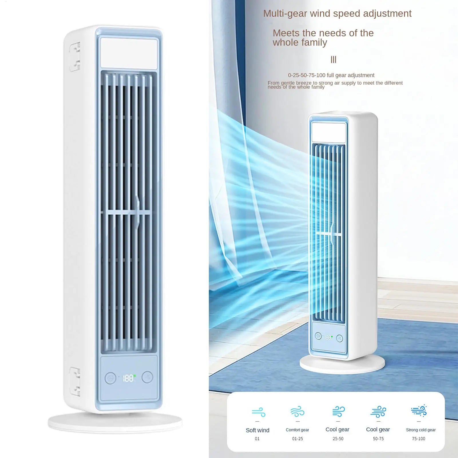 LED Tower Fan Remote Control USB Charging Oscillating Bladeless Wall