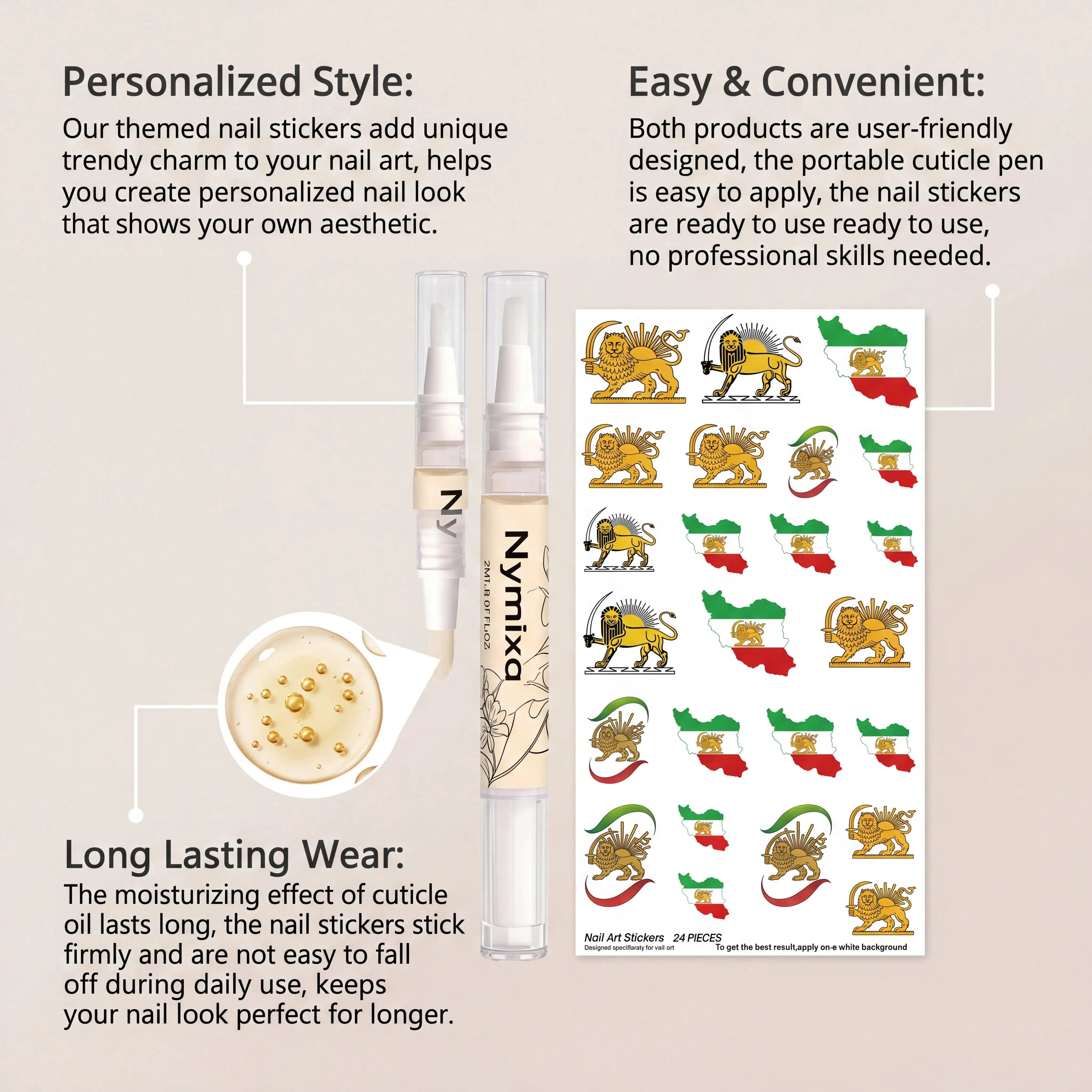 Nail Decoration Care Set Portable Cuticle Oil Pen Persian Lion Sun Nail Stickers Flaky Skincare Deep Hydration Lock Hand Care Zpaxo