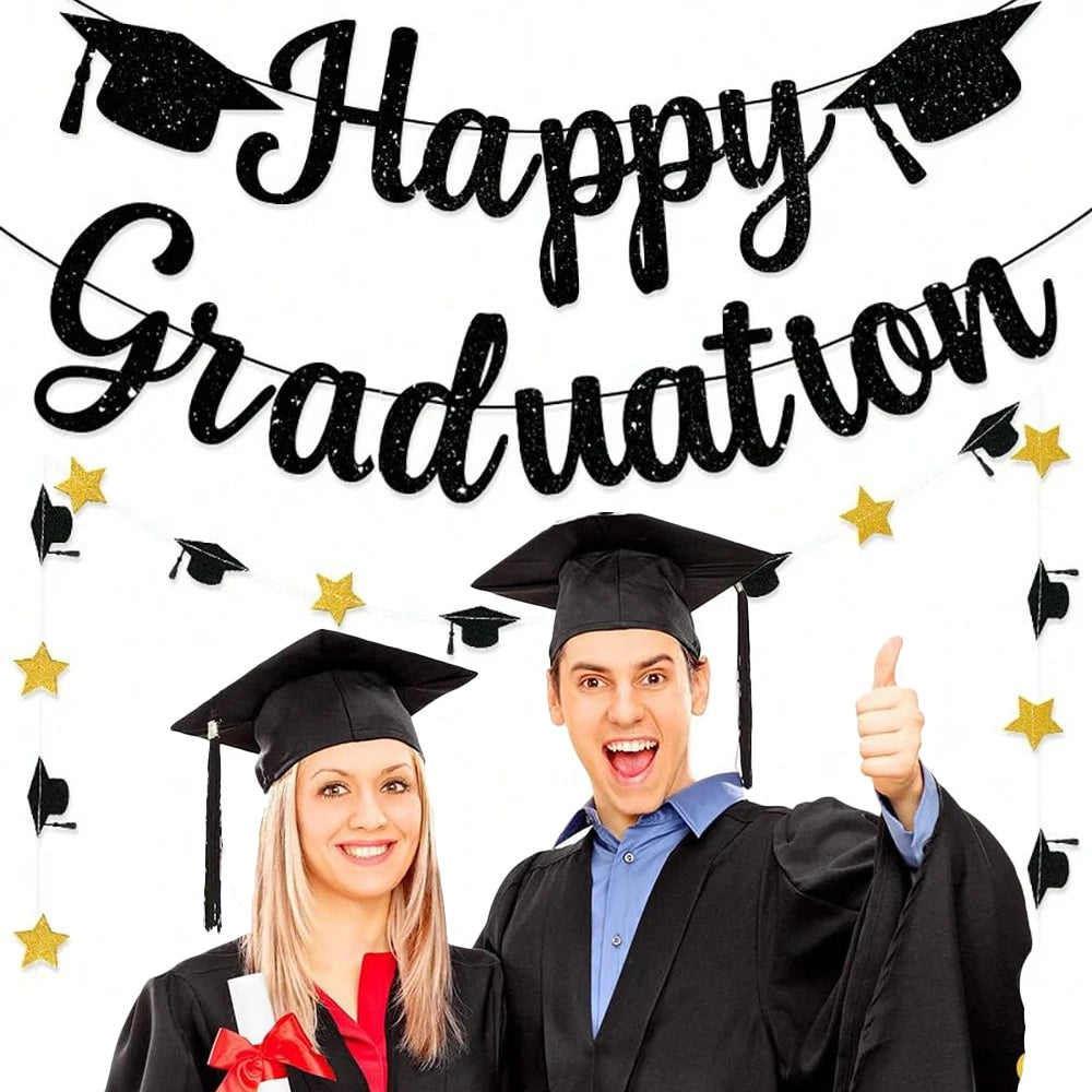 Black Gold Glitter Happy Graduation Banner Set Grad Caps Graduation Decoration for Class Grad Party Decor Zpaxo