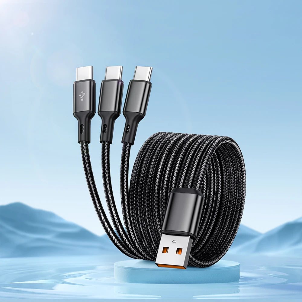 3-in-1 USB-C Cable 100W 6A Fast Charging Quick Charge Cord USB Charging Cable Zpaxo Black 1.2m