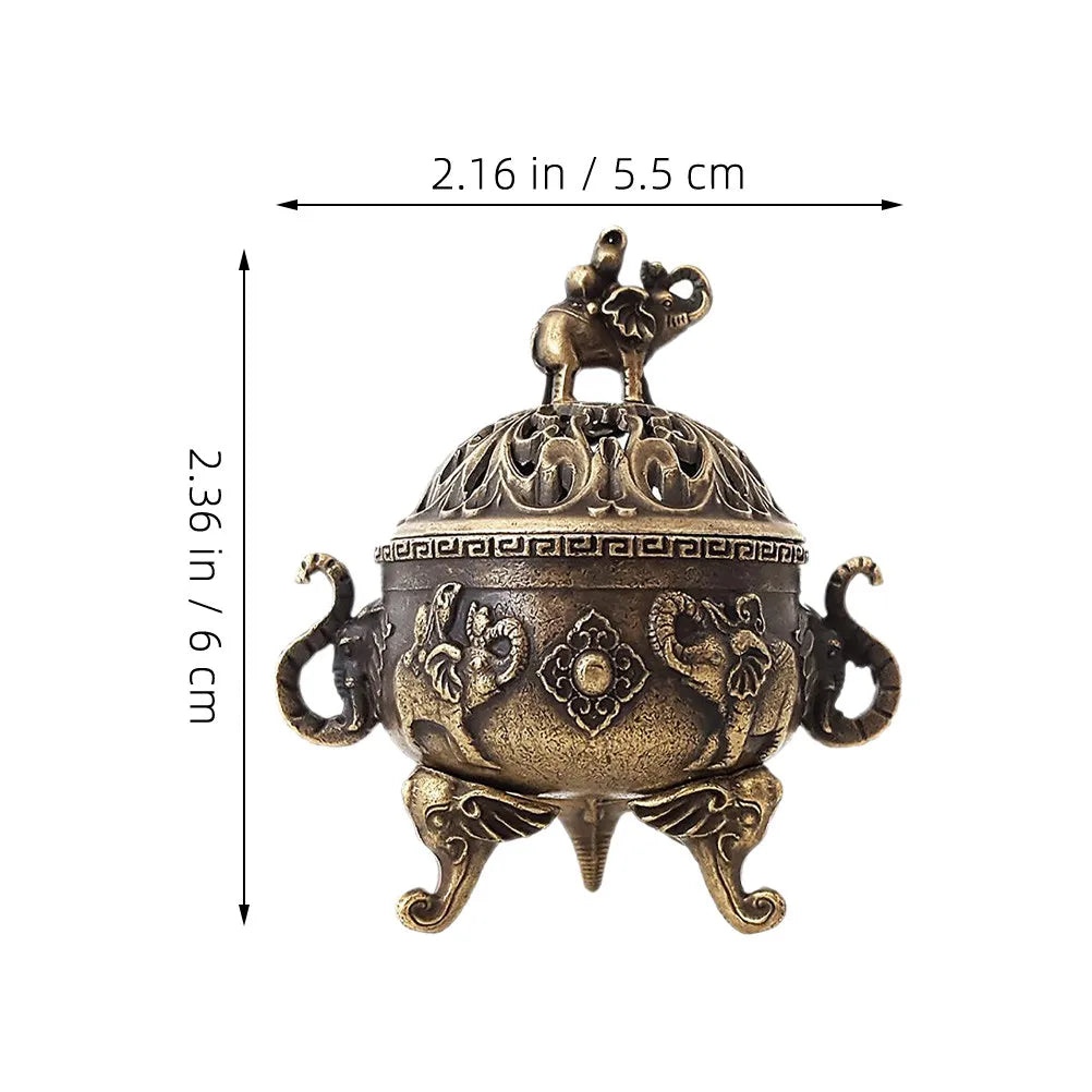 Mini Copper Incense Burner Tripod Stand Lid Elephant Motif Hollow-out