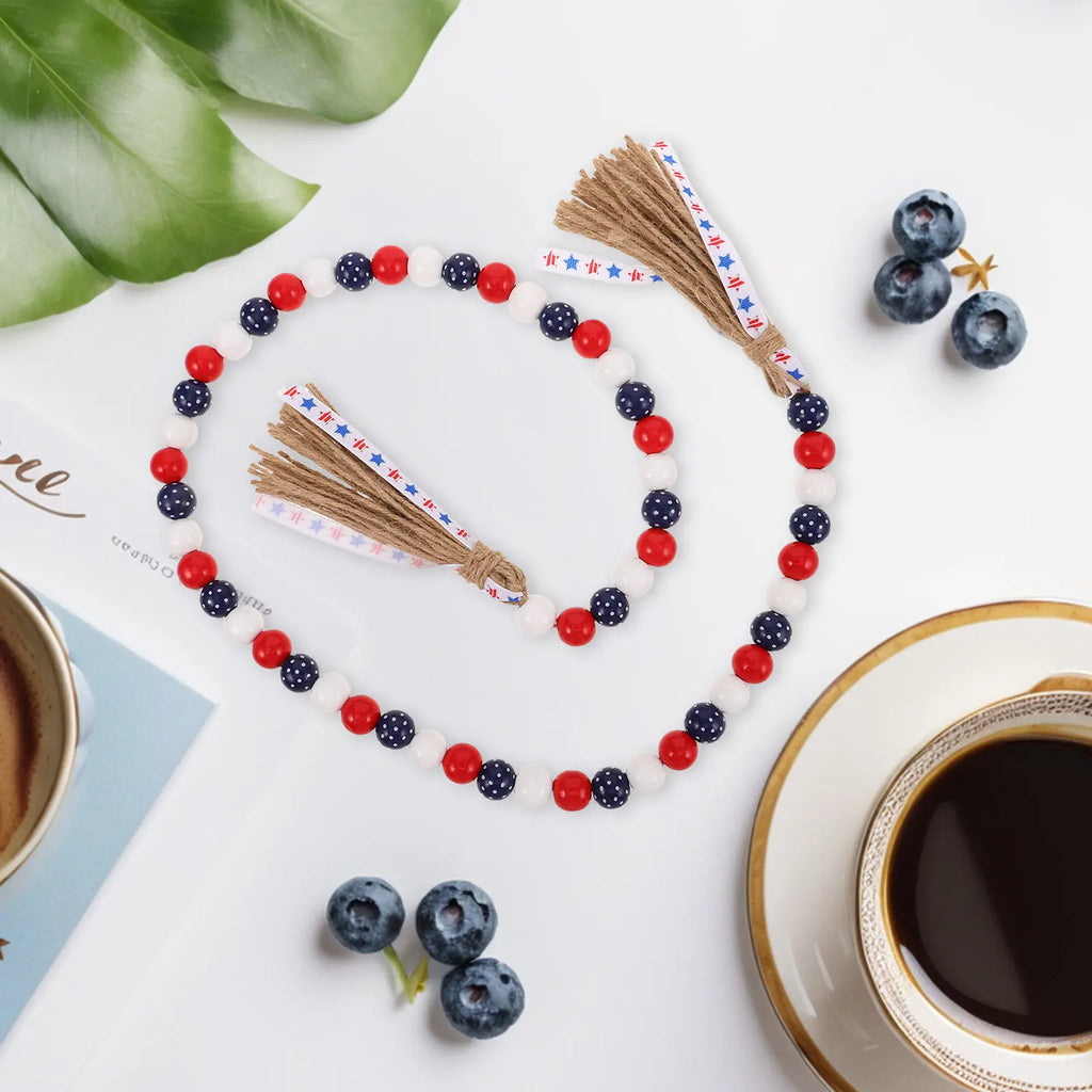 Independence Day Beaded Garland Wooden Beads Rustic Farmhouse Decor