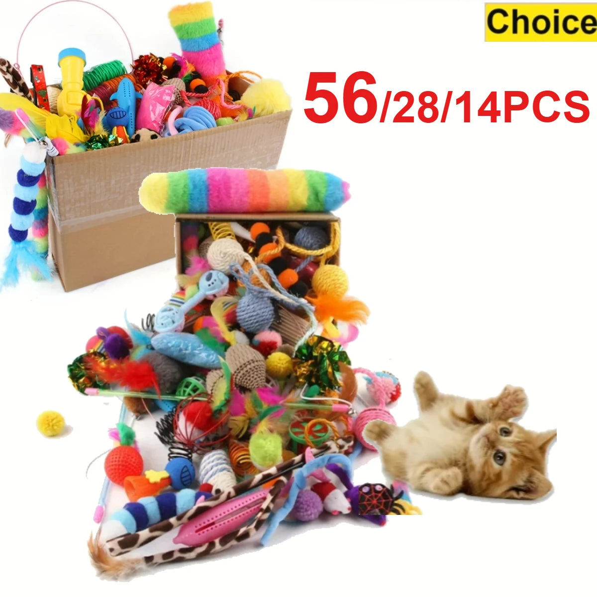 56/28/14PCS Pet Kitten Toys Variety Cat Toy Combination Set Cat Toy Funny Cat Stick Sisal Mouse Bell Ball Cat Supplies Zpaxo