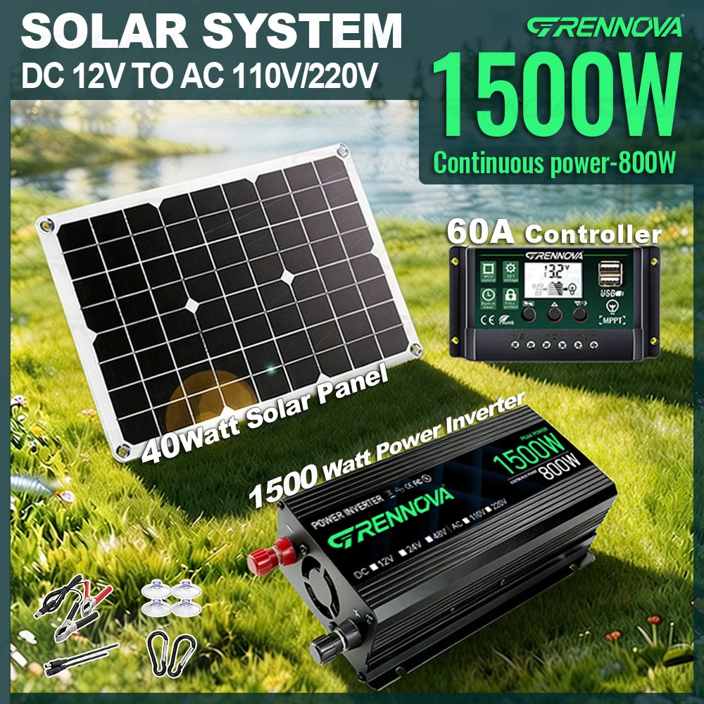 Grennova True 1500W Solar System 12V To110V/220V Inverter 60A MPPT Controller 40W Panel Complete Kit For RV/Farm Home Backup Zpaxo
