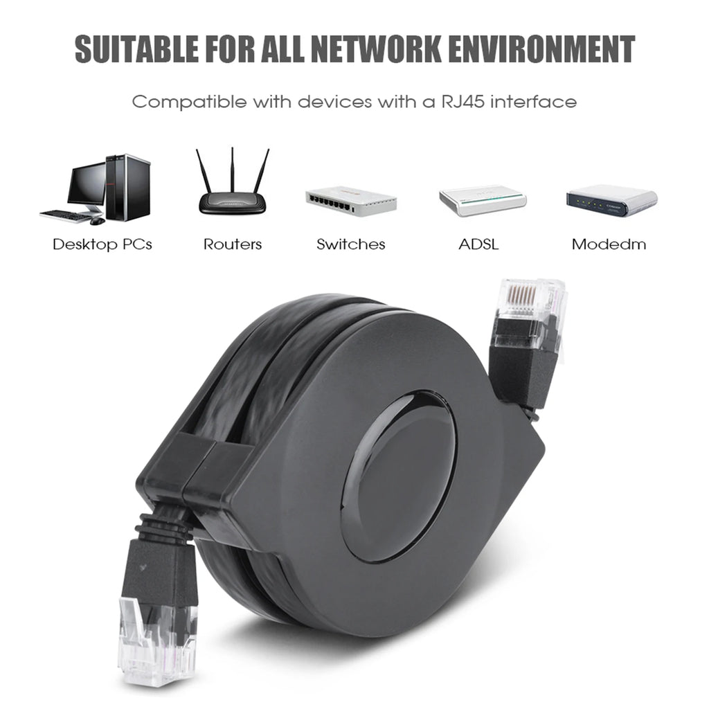 CAT6 RJ45 Network Cable 1m 2m Adjustable Retractable Lan Cord Black