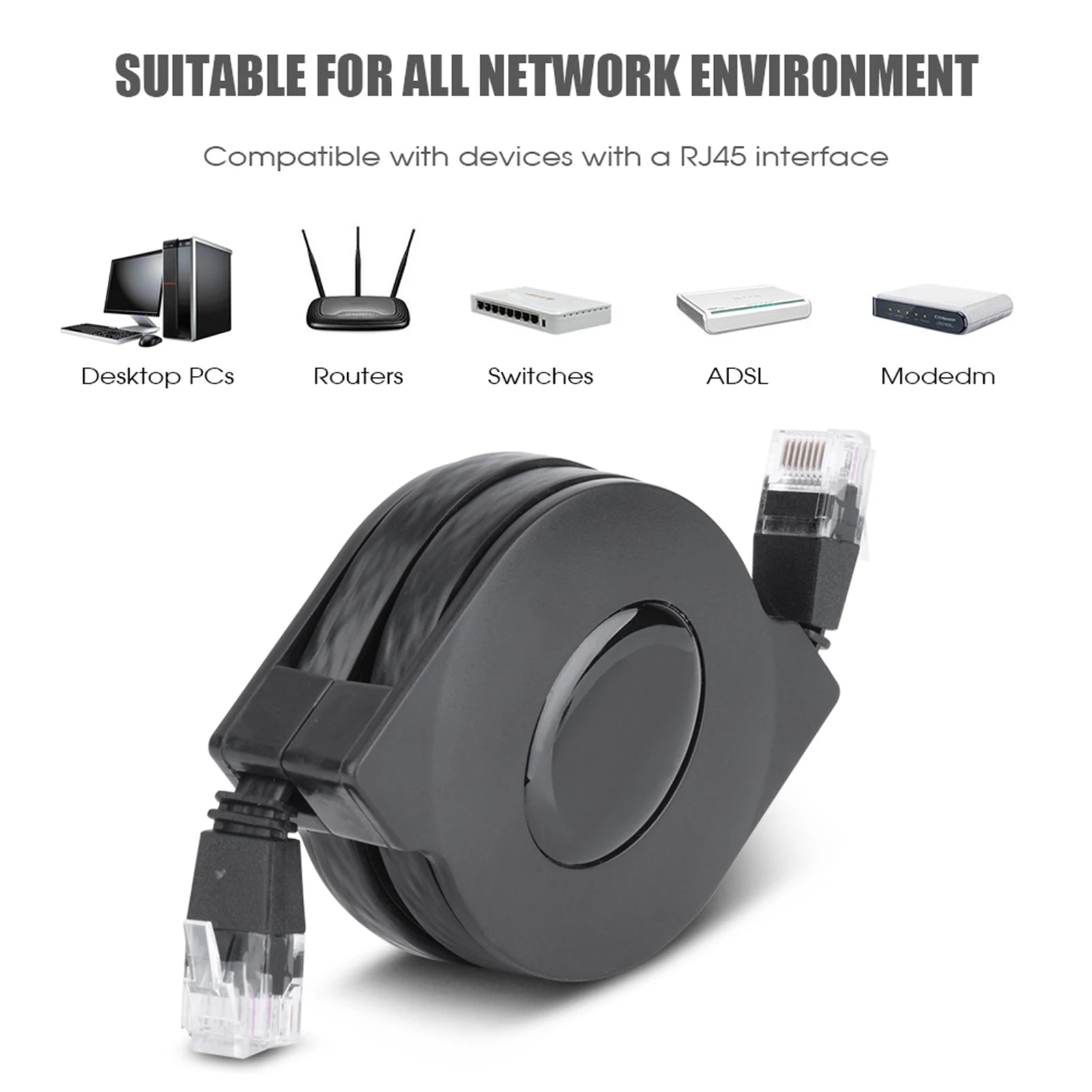 CAT6 RJ45 Network Cable 1m 2m Adjustable Retractable Lan Cord Black