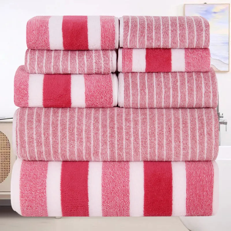 8pcs Coral Fleece Set: Towels, Washcloths, Bath Towels, Quick-Drying Striped Adult Face Towels for Bathrooms Zpaxo