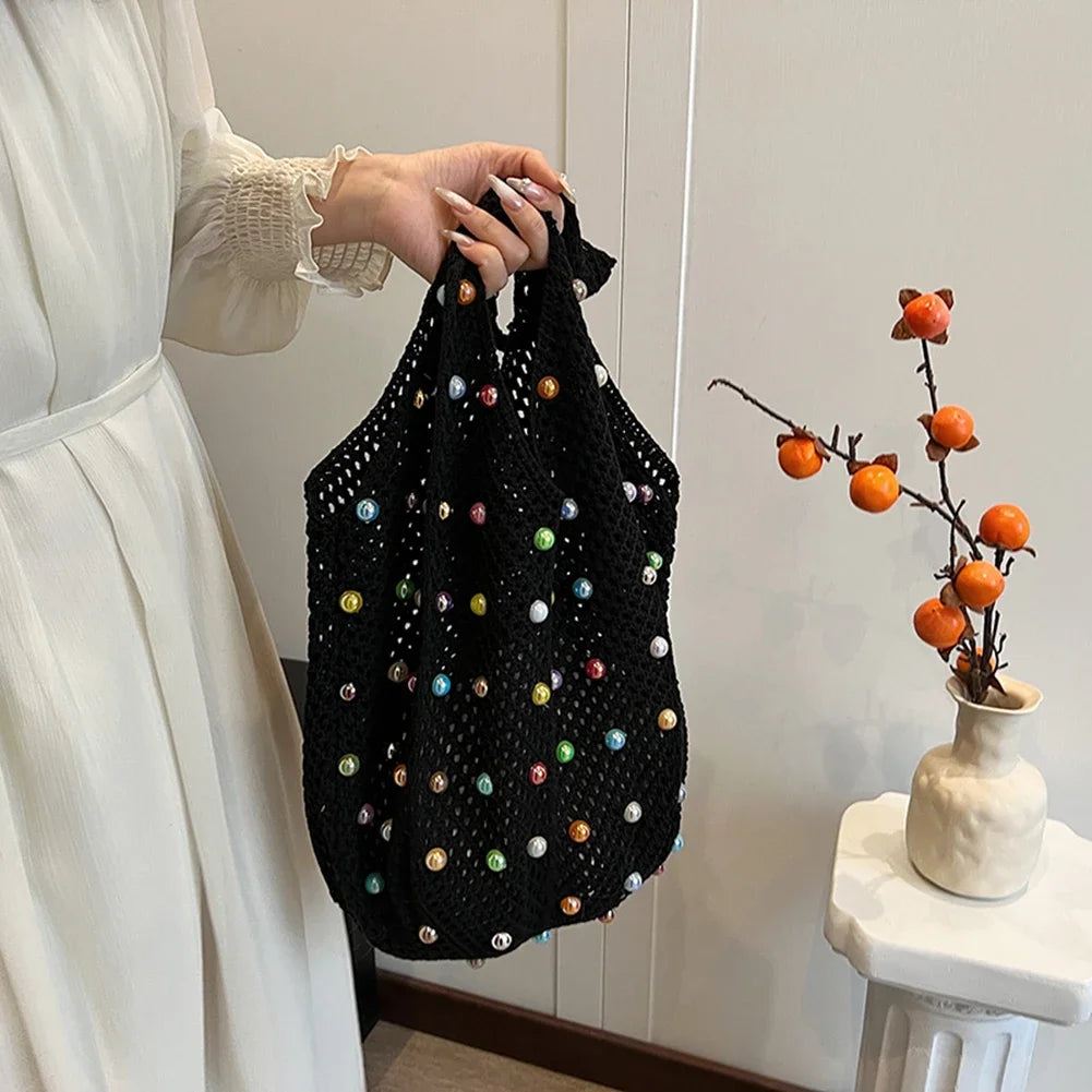 Women Boho Crochet Bag Colored Beads Aesthetic Knit Large Capacity