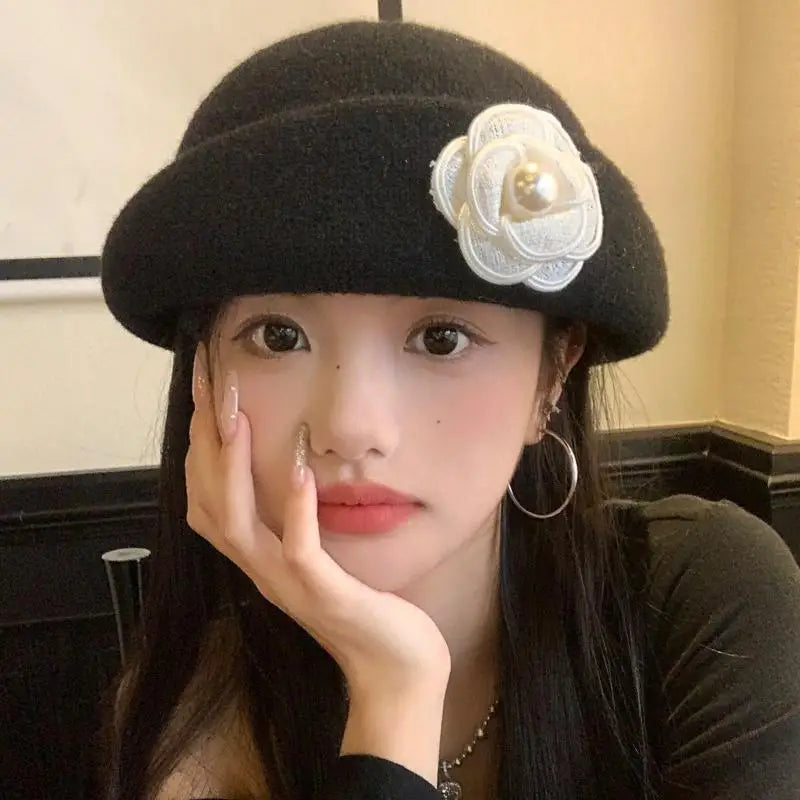 Vintage Chic Ruffled Camellia Heiress Winter Cap Women French-style Zpaxo
