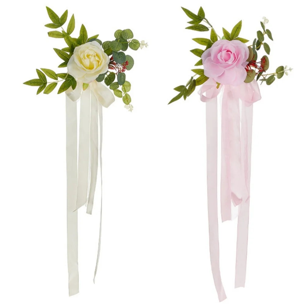Wedding Pew Chair Decoration – Artificial Rose & Ribbon Garland
