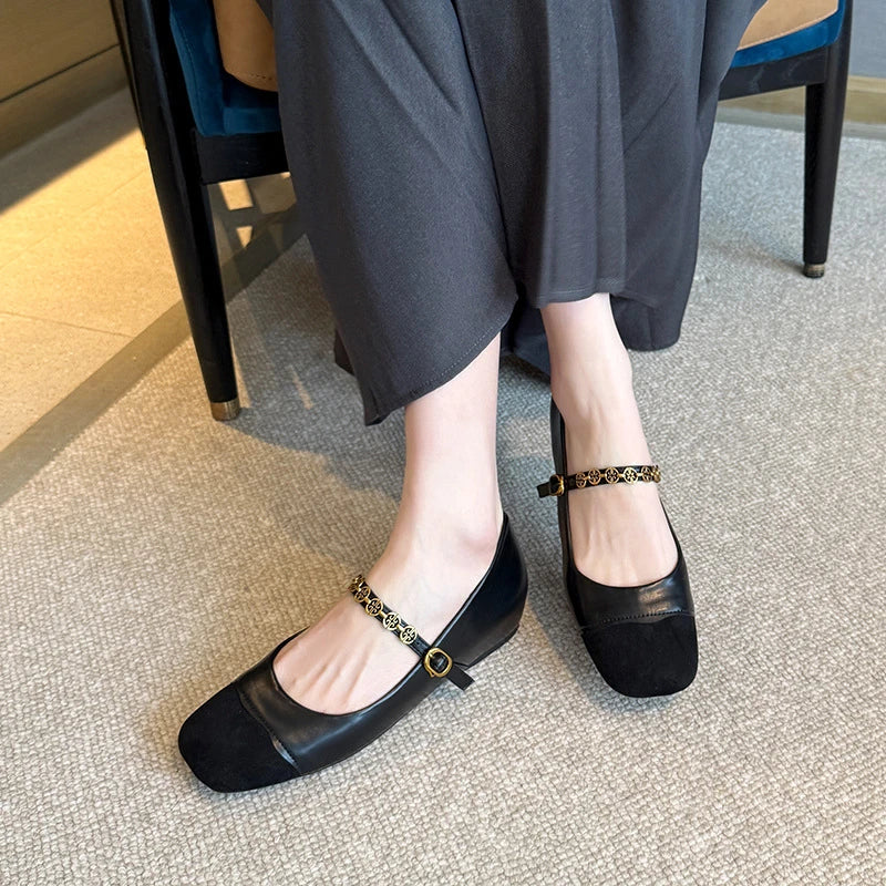 Womens Black Brown Two Tone Square Toe Mary Jane Flats Gold Chain Zpaxo