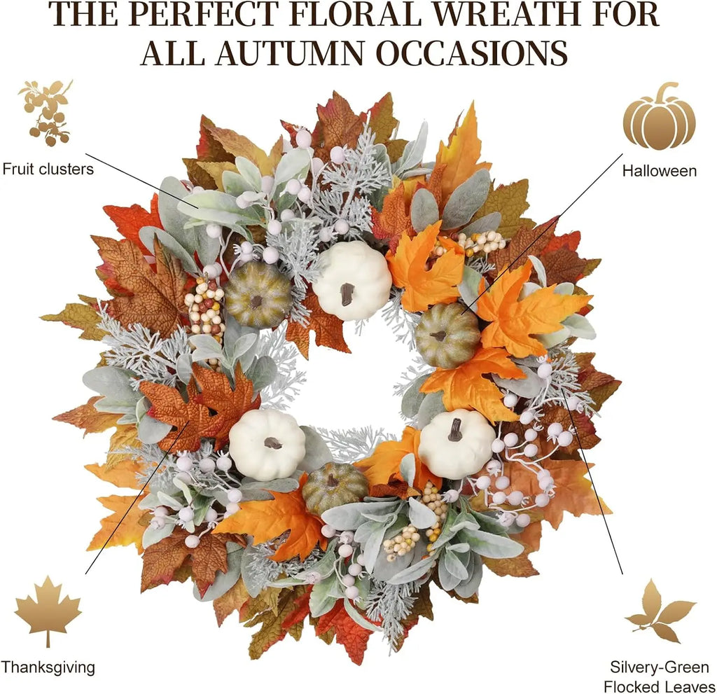 Artificial Fall Wreath Front Door Pumpkins Oeange Maple Leaves Autumn Zpaxo
