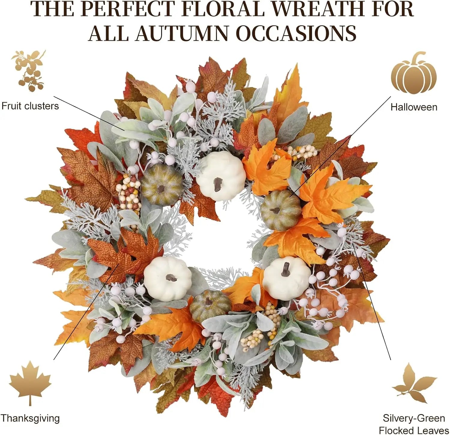 Artificial Fall Wreath Front Door Pumpkins Oeange Maple Leaves Autumn Zpaxo