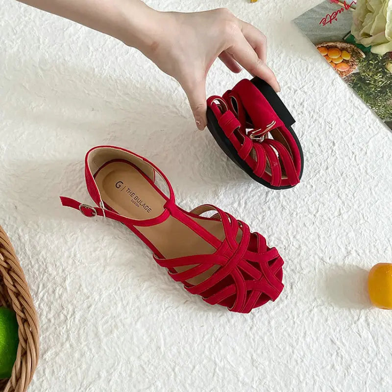 Sandals for Women 2025 Summer French Retro Woven Toe Cap Sandals for Women Flat Bottomed Pregnant Women Roman Shoes Zpaxo