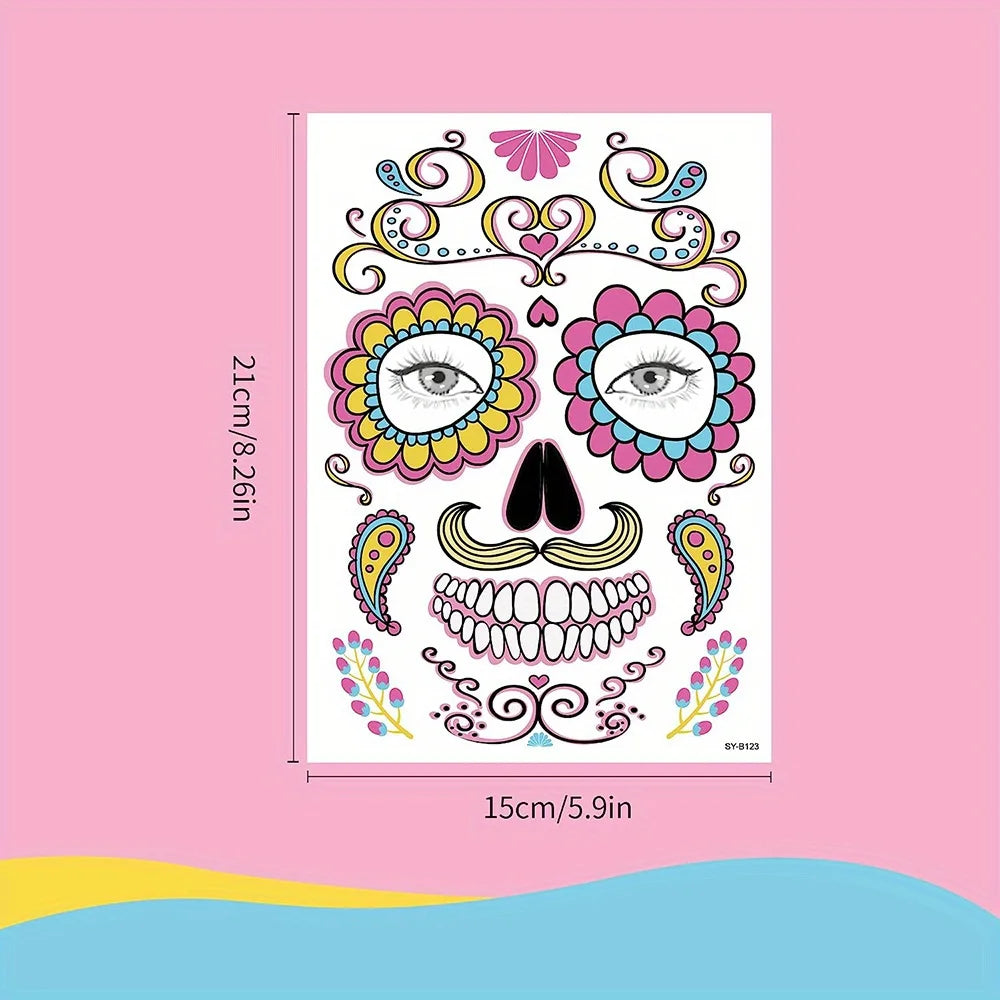 Day Dead Face Tattoos Sugar Skull Red Roses Halloween Stickers Makeup