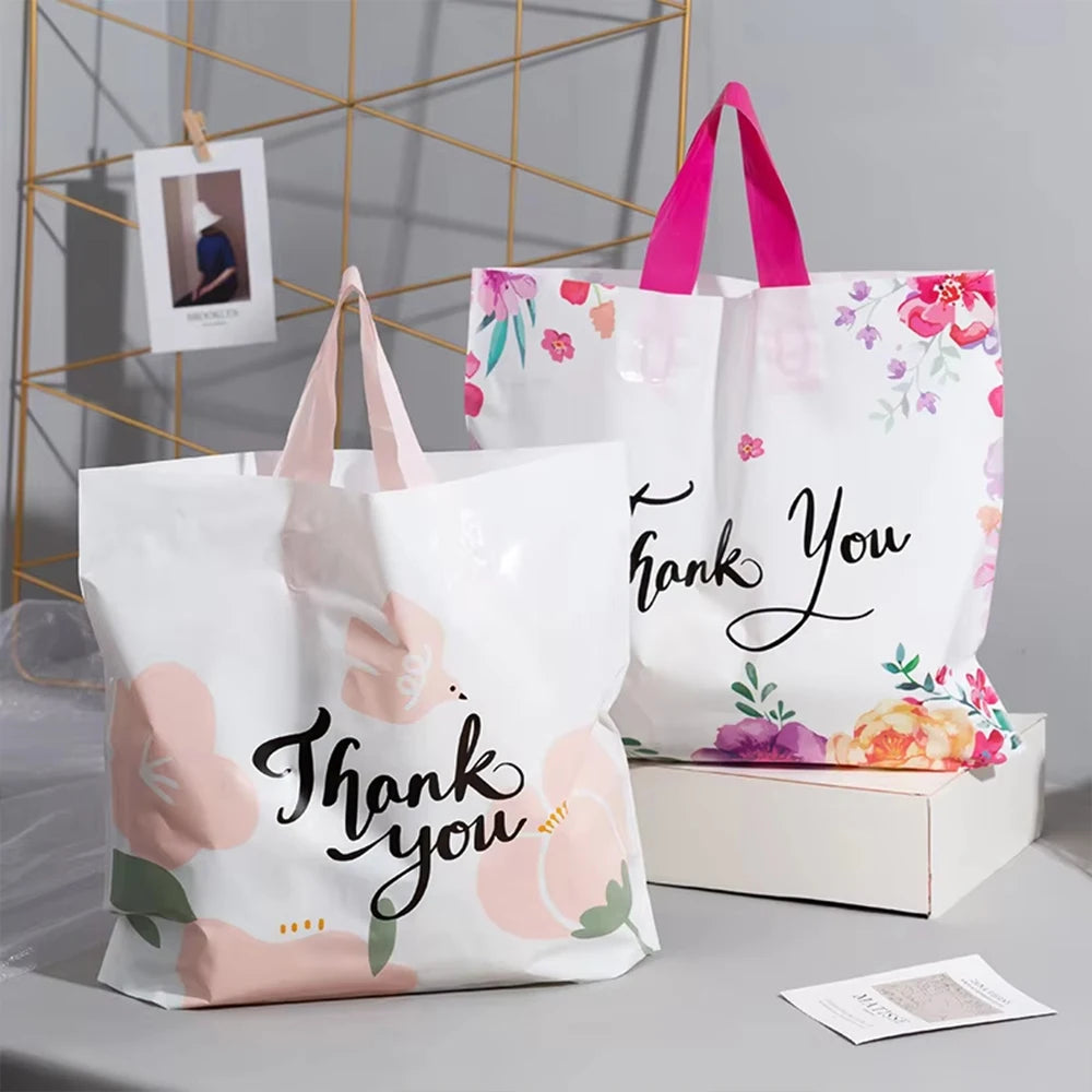 20/50Pcs Thank You Gift Bag with Handle Plastic Floral Shopping Bags for Small Business Wedding Birthday Party Gift Bags Zpaxo