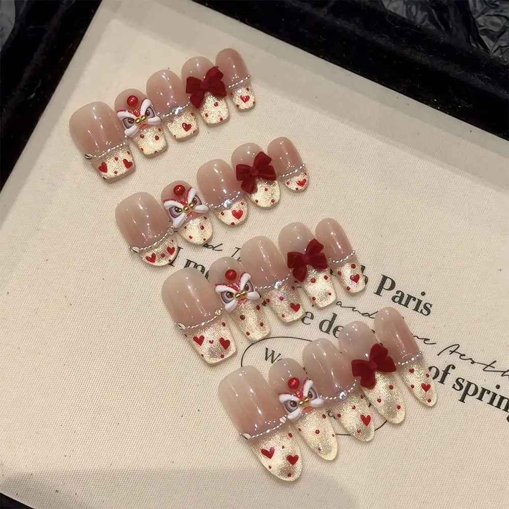 3D Waking Lion Fake Nails Year's Fortune False Nail Tips Girl Press Zpaxo