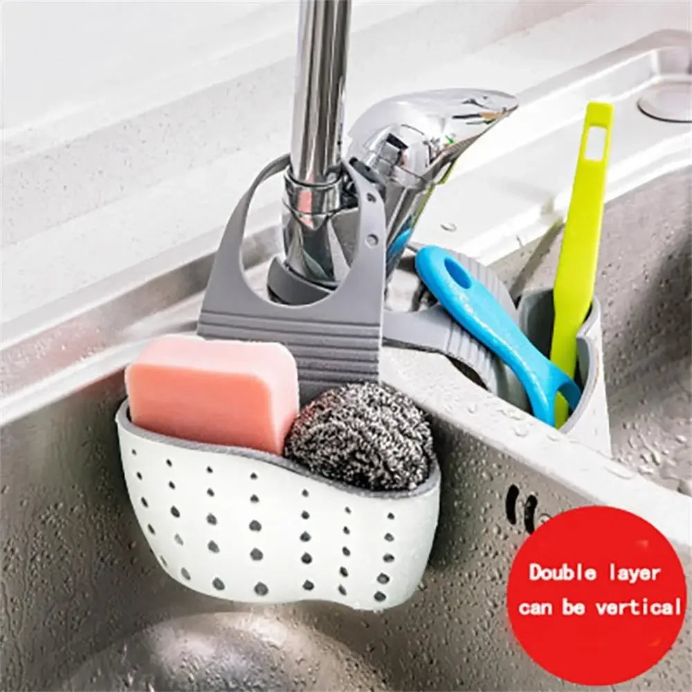 Double Sink Draining Hanging Bag Adjustable Press Faucet Shelf Sponge
