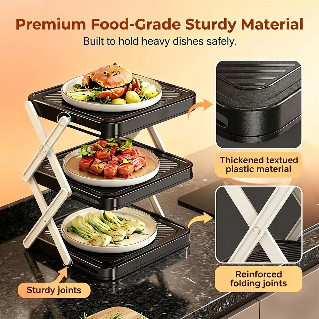 Multi Layer Prep Tray Rack 3 Tier Foldable Space Saving Kitchen