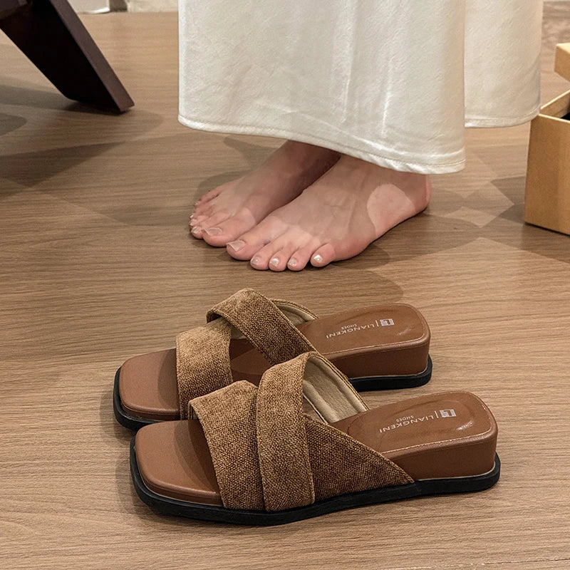 Women's Square Open Toe Comfortable Cross Band Casual Vintage Mid Zpaxo