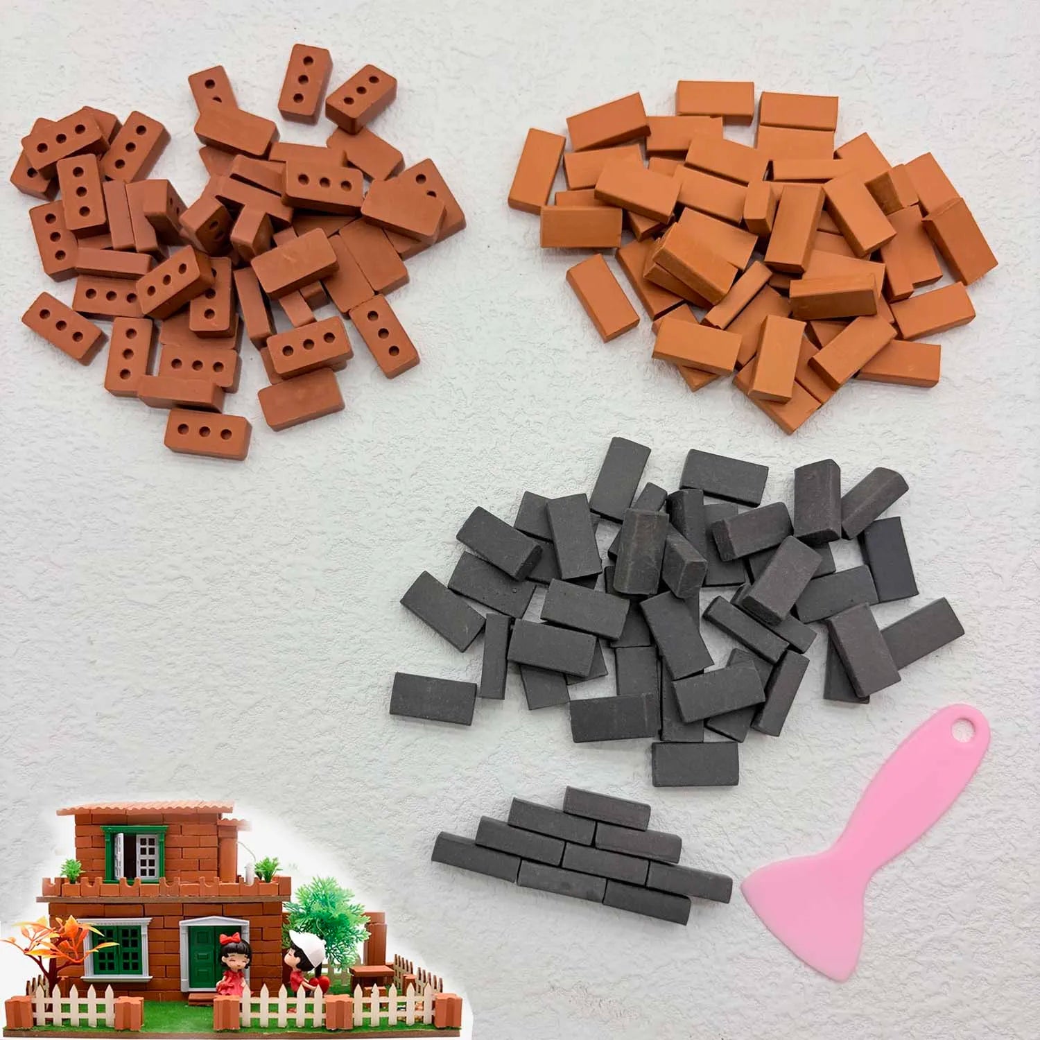 1/16 Scale Miniature Clay Brick Set with Scraper – Red Wall Bricks Miniature Building Set Zpaxo