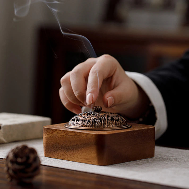 Walnut Wood Incense Burner Dragon Phoenix Hollow Lid Square Sandalwood Censer Incense Holder Home Room Teahouse Decor Zpaxo