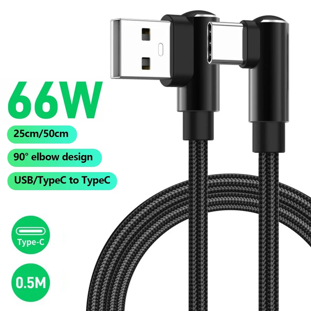90° Right-Angle 66W 6A USB-C Fast Charging Cable | 25/50cm