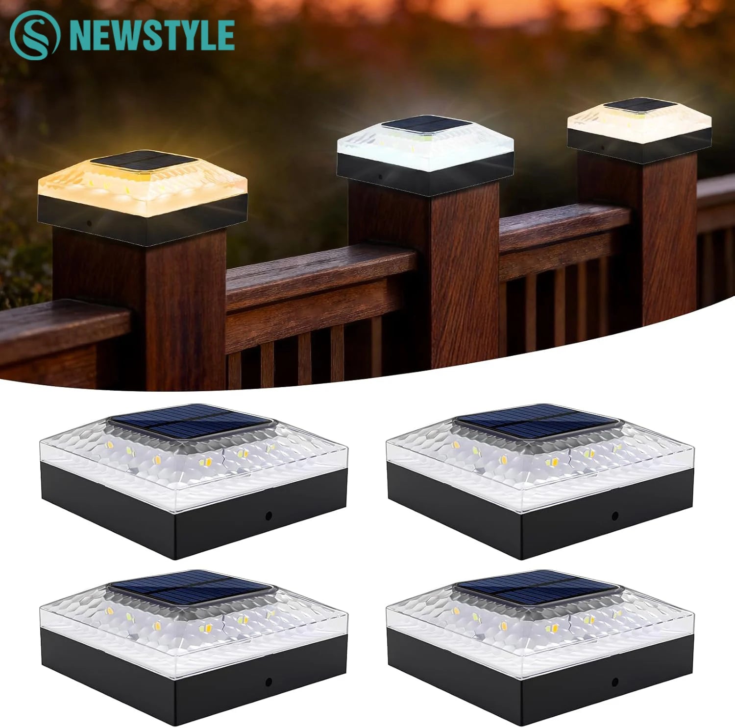 1/4PCS Solar Post Cap Lights Outdoor IP65 Waterproof 3 Color Modes Fence Topper Light For 4x4 Vinyl Wood Post Lighting Zpaxo