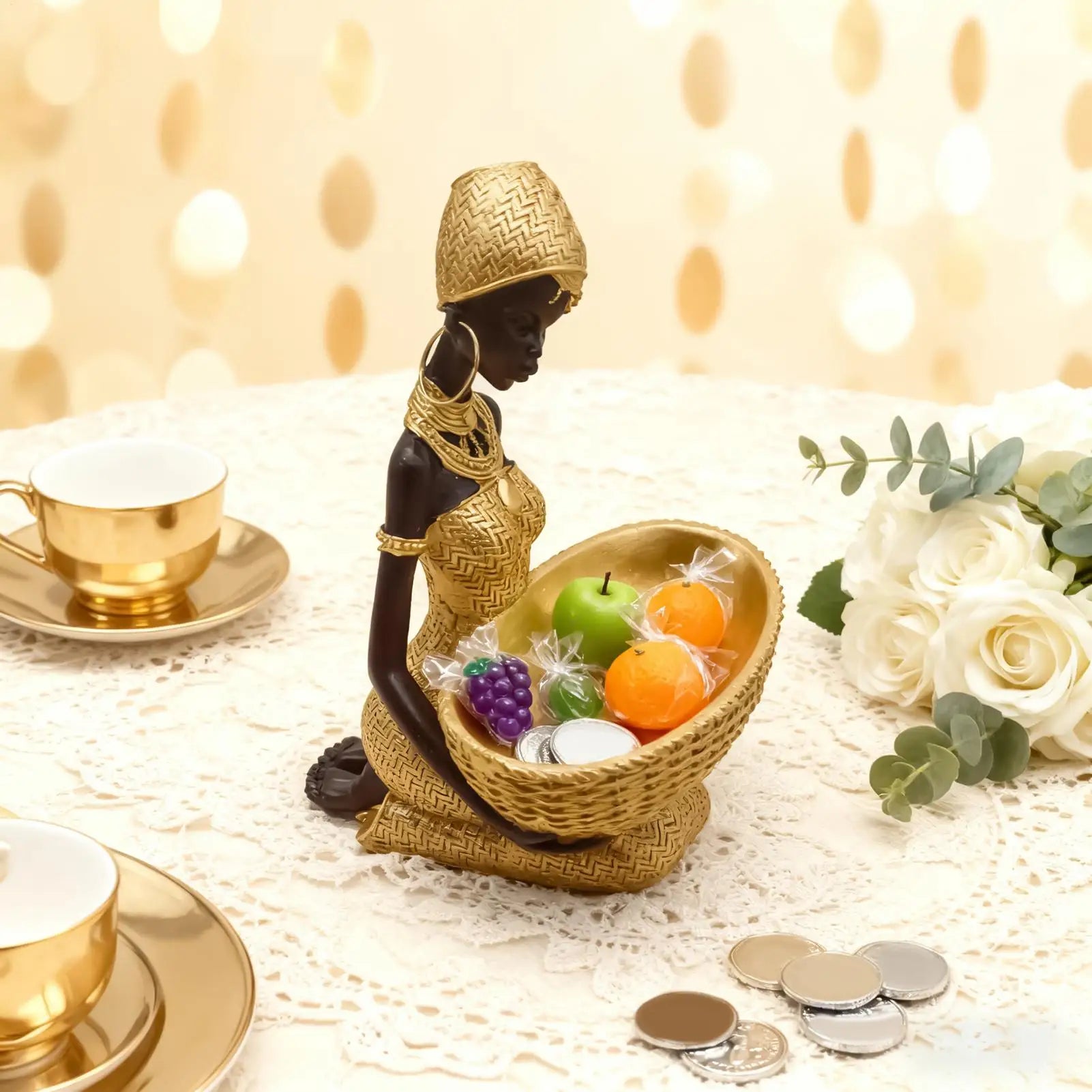African Statues Vintage Tribal Women Sculpture Gold Black Figurines African Art for Bedroom Living Room Bathroom Apartment Zpaxo