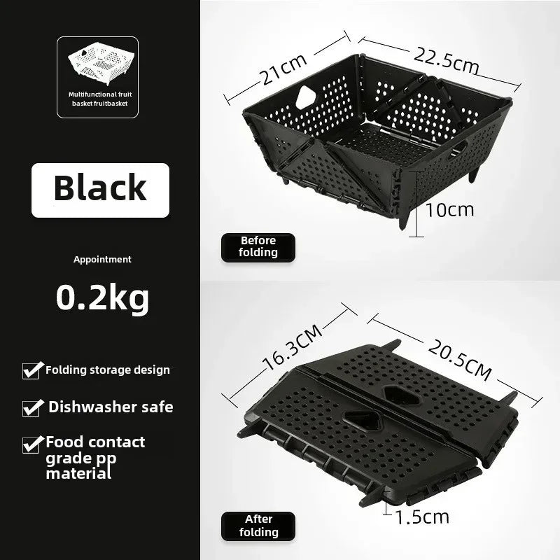 Hot Drain Basket, Fruit Basket, Foldable Plastic, Large Capacity, Raised Tiptoe, Household Kitchen, Vegetable Washing Basket Zpaxo Black