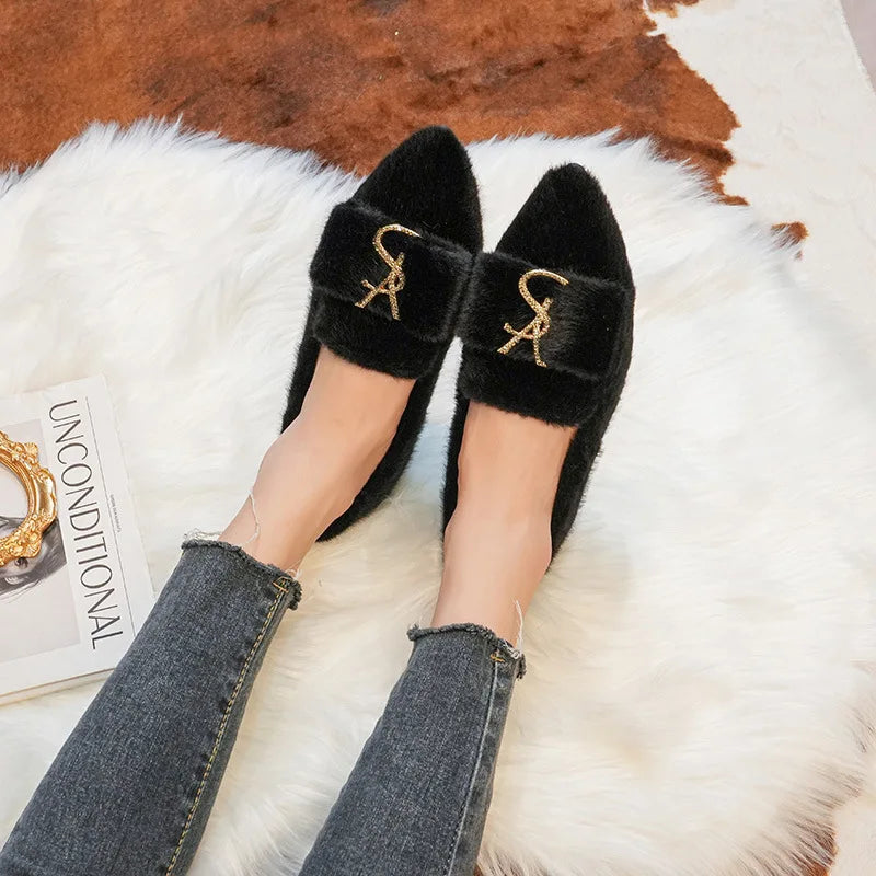 Flats Shoes for Women 2024 New Autumn Pointed Flat Mink Fur Winter Shoes Velvet Women's Loafers Ladies Shoes Plus Size 41 42 43 Zpaxo