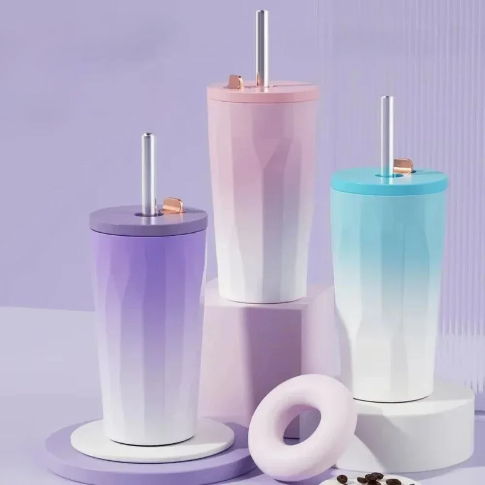 New 600ml Fashion Gradient Coffee Cup Portable Stainless Steel Water Cup with Straw Heat and Cold Insulation Coffee Gift Cup LIY Zpaxo