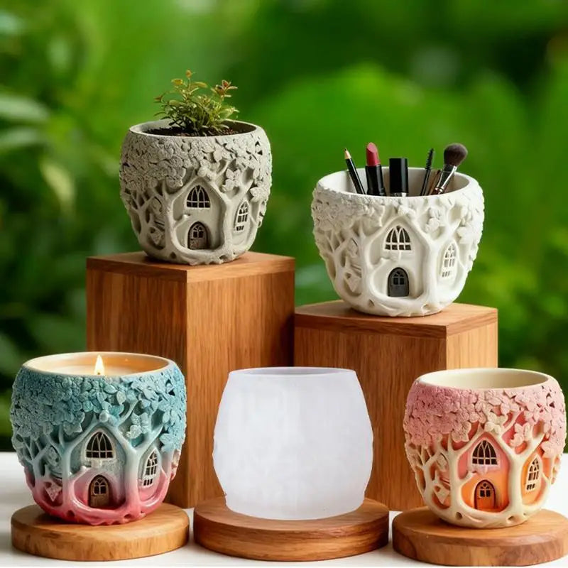 Resin Mold Fairy Tree House Candle Holder Succulent Pot DIY Flower Zpaxo
