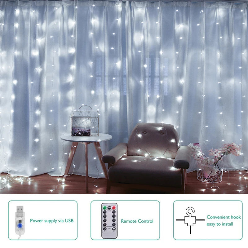 300 LED Curtain Garland on The Window USB String Lights Fairy Festoon Remote Control Christmas Wedding Decorations for Home Room Zpaxo 300LED White 3M