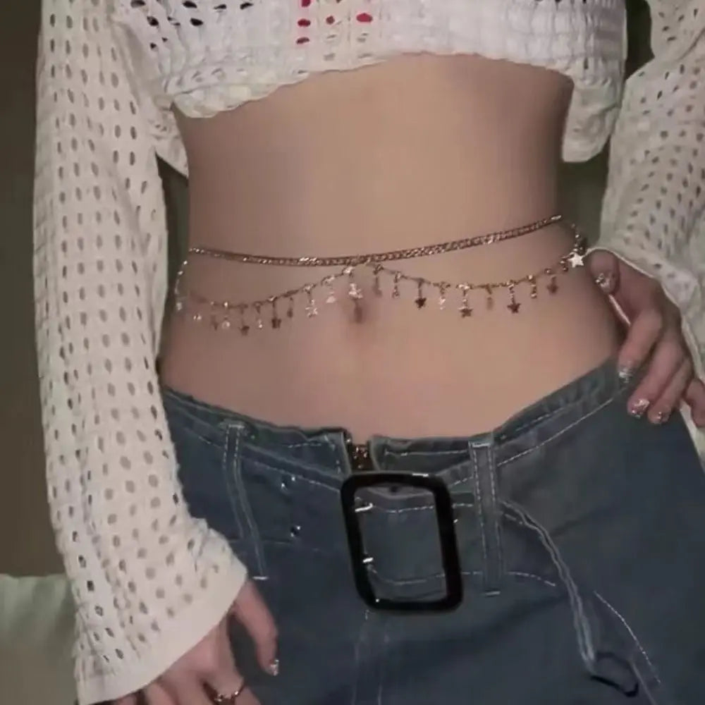 Star Glitter Tassel Boho Waist Chain Shiny Rhinestone Beach Body Jewelry Belly Waist Chain Multi Layer Chain Body Belt Zpaxo